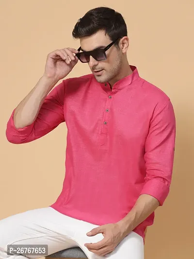 Reliable Pink Cotton Solid Short Length Kurta For Men-thumb0