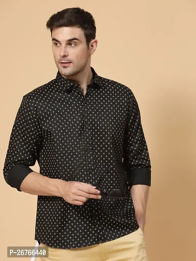 Stylish Cotton Printed Black Long Sleeves Shirt For Men-thumb0