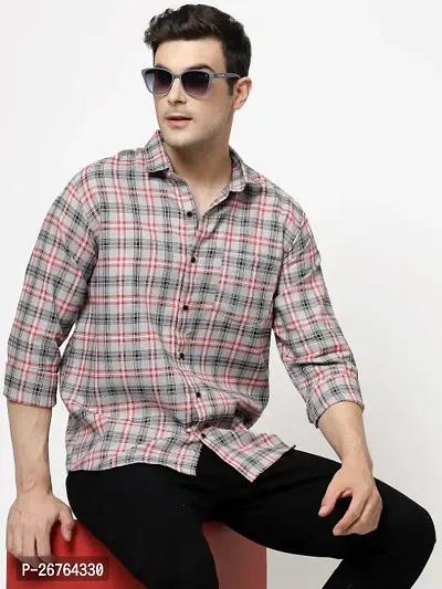 Pink Polyester Long Sleeves Checked Causal Shirts For Men
