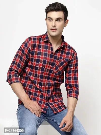 Red Polyester Long Sleeves Checked Causal Shirts For Men