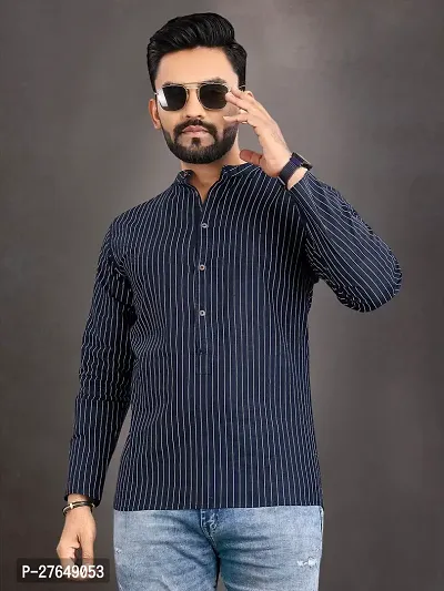 Elegant Navy Blue Cotton Striped Short Length Kurta For Men