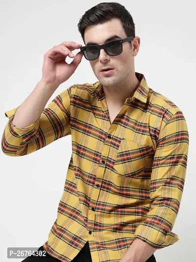 Yellow Polyester Long Sleeves Checked Causal Shirts For Men