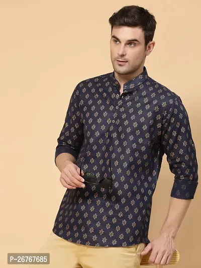 Reliable Navy Blue Cotton Printed Short Length Kurta For Men-thumb0