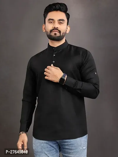 Elegant Black Cotton Solid Short Length Kurta For Men