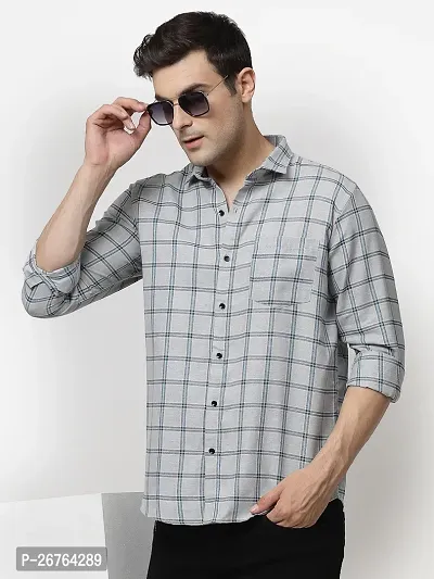 Grey Polyester Long Sleeves Checked Causal Shirts For Men-thumb0