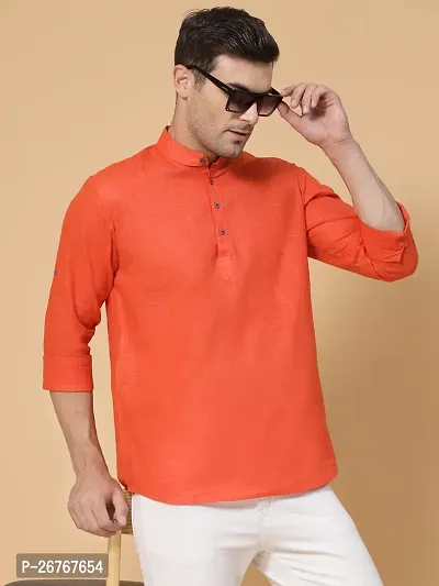 Reliable Orange Cotton Solid Short Length Kurta For Men