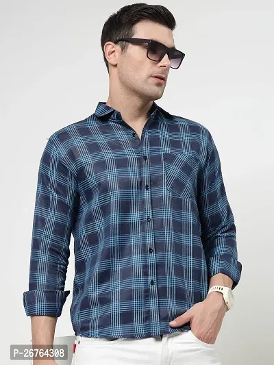 BLue Polyester Long Sleeves Checked Causal Shirts For Men