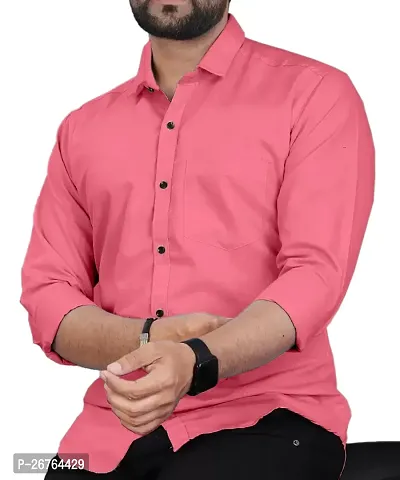 Peach Polycotton Long Sleeves Solid Casual Shirts For Mens-thumb0