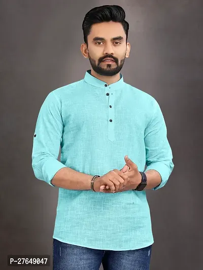 Elegant Turquoise Cotton Solid Short Length Kurta For Men