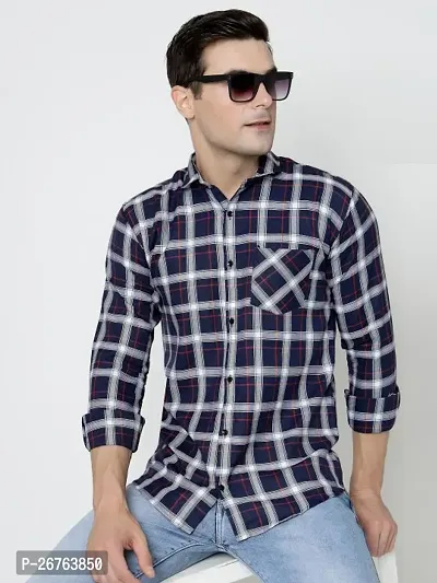 Blue Polyester Long Sleeves Checked Casual Shirts For Mens-thumb0