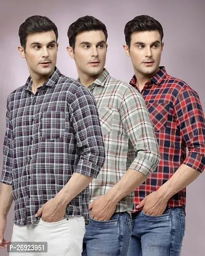 Stylish Polycotton Checked Long Sleeves Regular Fit Shirts For Men Pack of 3-thumb0