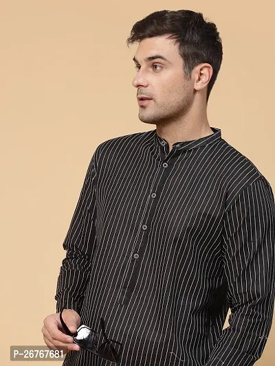 Reliable Black Cotton Striped Short Length Kurta For Men-thumb0