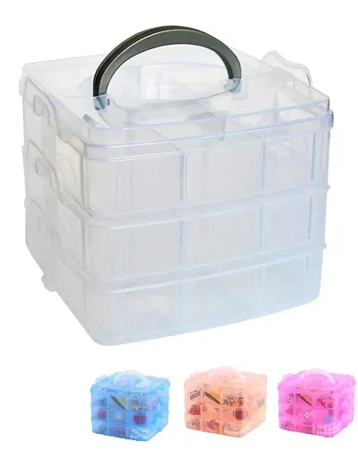 Mbuys Mall 3 Layers 18 Grid Plastic Transparent Portable Storage Box For Jewelry, Medicine, Makeup Vanity (Multicolour, Standard)