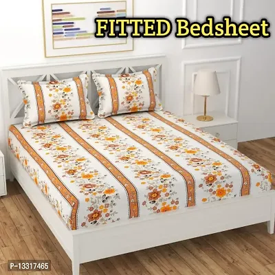 NEWTOWN Attractive 1 GoldFitted Bedsheet With 2 Pillow Covers-thumb0