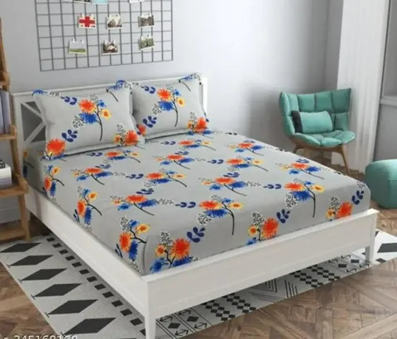 Printed Glace Cotton Elastic Fitted Double Bedsheet with 2 Pillow Covers