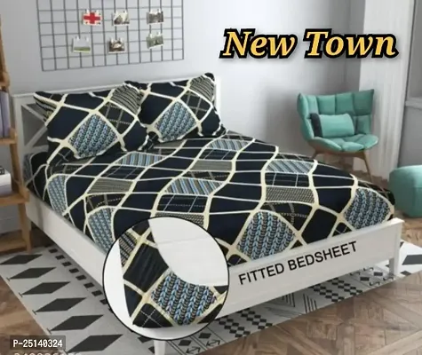 New Town Attractive Branded Premium  Elastic( Fitted) Double  Bedsheet With 2 Pillow Covers-thumb0