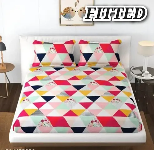 UMEA DECOR Double Bedsheet for Bedroom Pollycotton Elastic Fitted Bedsheet for Double Bed Printed Queen Size Bed Sheet with 2 Pillow Covers - 84 x 90 Inches