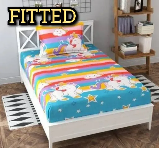 Precise Fabrics Elastic Fitted Glace Cotton King Size (78x72x Upto 6 Inches) Bedsheet Cartoon Print for Kids with 2 Pillow Covers-200TC?