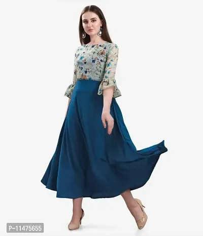 Jash Creation Poly Crepe Flower Print Long Maxi Dress (Blue)-thumb0