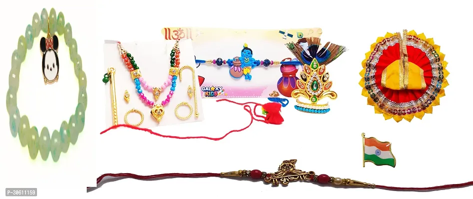 Combo of 2 Rakhi with Bracelet, Badge  Ladoo Gopal Singar Dress