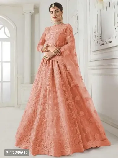 Stylish Peach Net Embellished Lehenga Choli Set For Women-thumb0