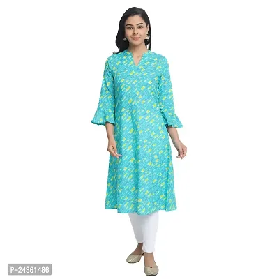 Ekara Women's Cotton Blue and Yellow Printed A-Line Flared Kurti (Size :- XS)-thumb0