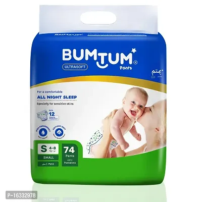 Bumtum Baby Diaper Pants, Small Size, Double Layer Leakage Protection Infused With Aloe Vera, Cottony Soft High Absorb Technology (Pack of 1, 74 Pcs. per pack)