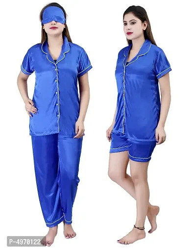 Stylish Blue Satin Self Pattern Night Suits For Women-Pack Of 2