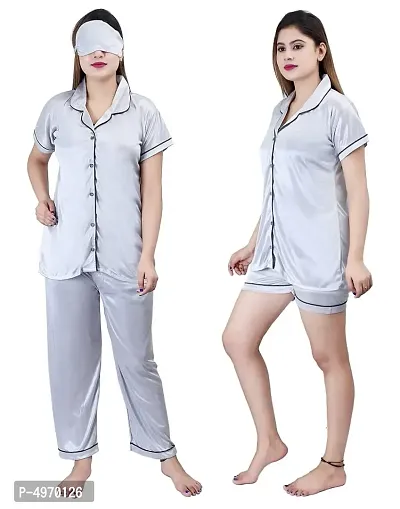 Stylish Off White Satin Self Pattern Night Suits For Women-Pack Of 2