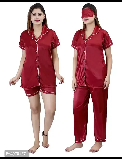 Stylish Maroon Satin Self Pattern Night Suits For Women-Pack Of 2-thumb0