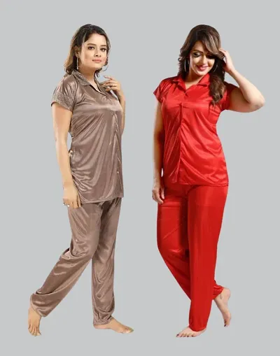 Pack Of 2 Satin Solid Night Suit Set Combo For Women