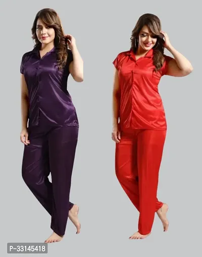 Comfortable Multicoloured Satin Lounge Set For Women Pack Of 2-thumb0