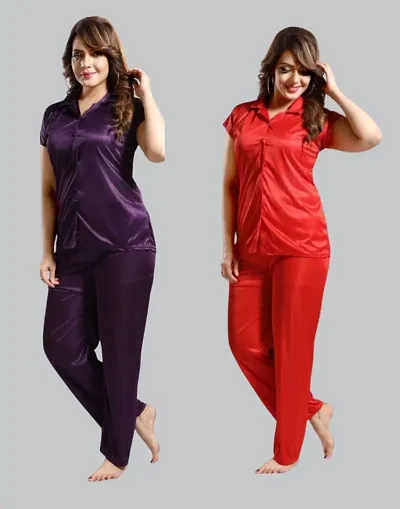 Pack Of 2 Satin Solid Night Suit Set Combo For Women