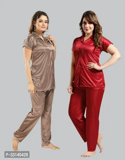 Comfortable Multicoloured Satin Lounge Set For Women Pack Of 2-thumb0