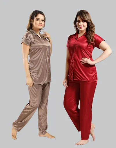 Pack Of 2 Satin Solid Night Suit Set Combo For Women