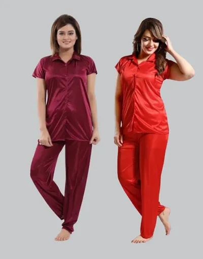 Pack Of 2 Satin Solid Night Suit Set Combo For Women