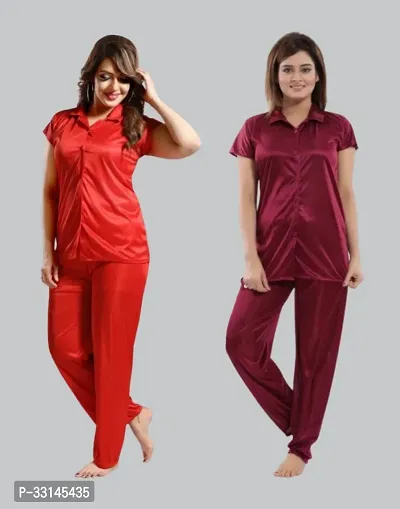 Comfortable Multicoloured Satin Lounge Set For Women Pack Of 2