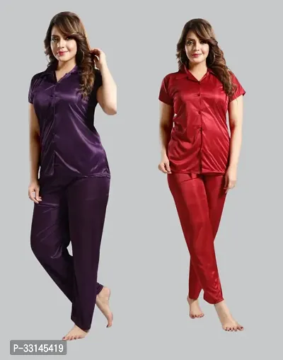 Comfortable Multicoloured Satin Lounge Set For Women Pack Of 2-thumb0