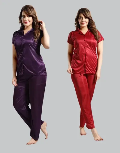 Pack Of 2 Satin Solid Night Suit Set Combo For Women