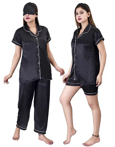 Ansh Collection Women's Satin 4 Pcs Night Suit Set (1 Shirt, 1 Pyjama, 1 Short, 1 Eye Mask); [Satin-2-I-Mask]