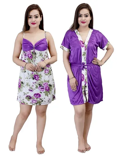 Ansh Collection Women's Satin Above Knee 2 Pcs Night Dress (1 Nighty, 1 Robe); [Satin-1-2Pcs-Flower-]