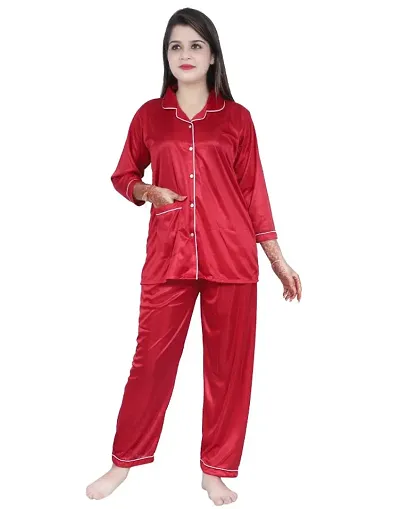 Trendy Satin Night Suit Set With Side Pocket/Night Wear