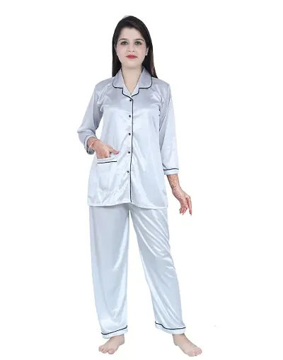 Trendy Satin Night Suit Set With Side Pocket/Night Wear