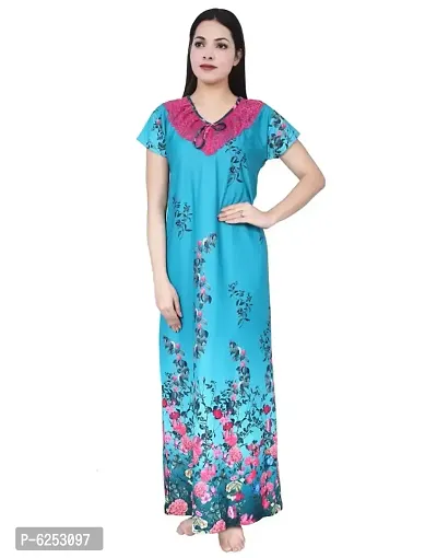 Alluring Turquoise Satin Floral Printed Night Gown For Women-thumb0