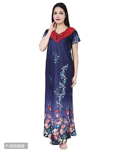 Alluring Navy Blue Satin Floral Printed Night Gown For Women