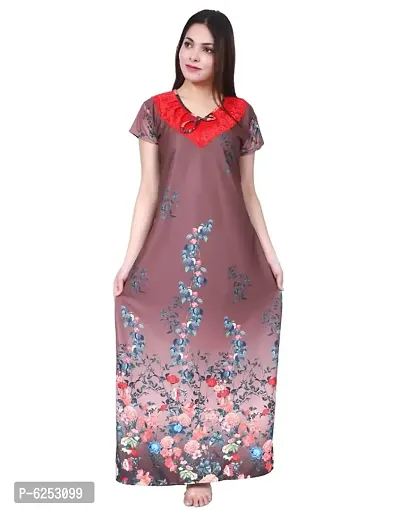 Alluring Satin Floral Printed Night Gown For Women