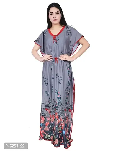 Stunning Grey Satin Digital Printed Kaftan Night Gowns For Women