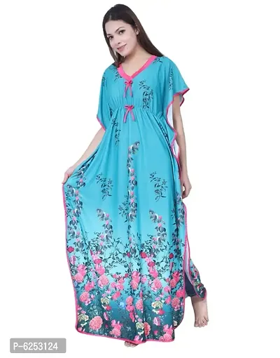 Stunning Turquoise Satin Digital Printed Kaftan Night Gowns For Women