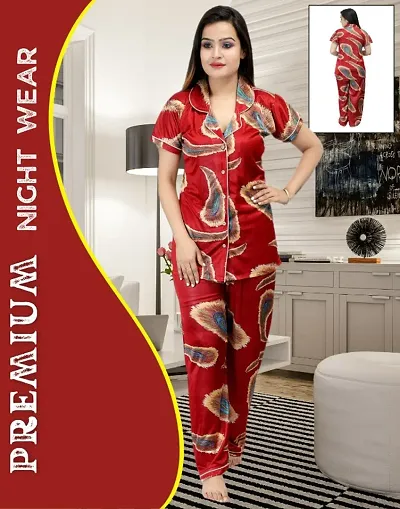 Premium Stylish Satin Printed Night Suit For Women