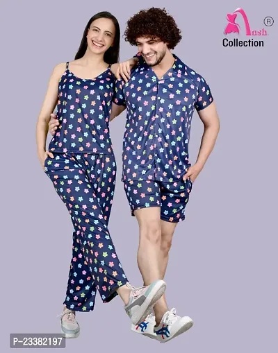 Stylish Adorable Night Suit For Couple Multi Floral Cotton Lycra Coords For Men And Women/Latest Couple Night Suit/Co-ord Set For Couple-thumb0